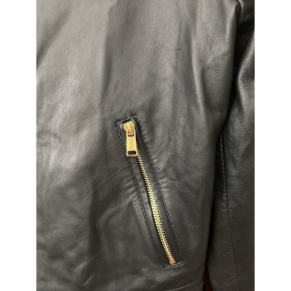 Guess Women’s Black Leather Moto Quilted Shoulder Gold Zips Biker Jacket Size M - Picture 6 of 16